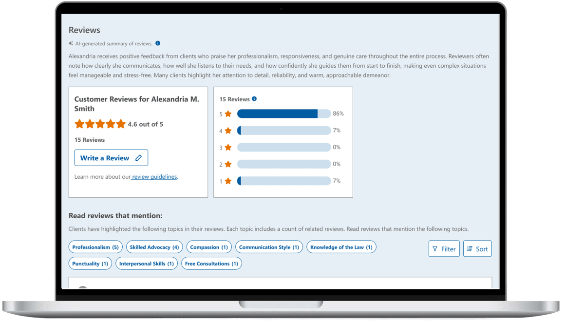 FindLaw profile Reviews section with an AI-generated review summary, a 4.6 out of 5 rating breakdown and review theme filters