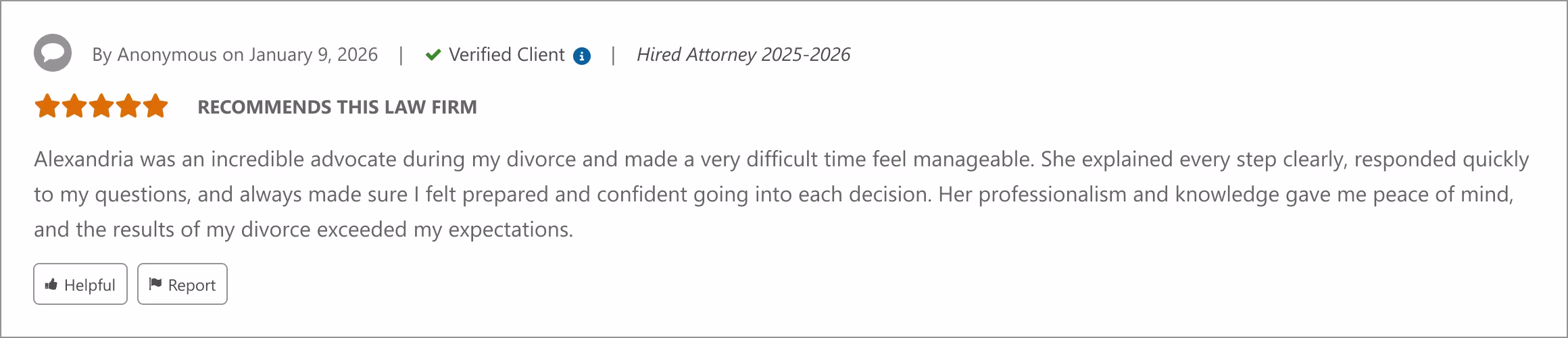 Example of a FindLaw profile with verified reviews